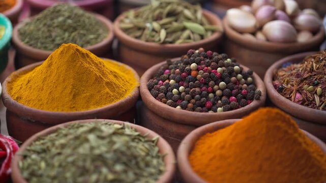 Colorful Spices in Bowls at Market.