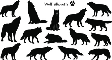 Fototapeta premium Wolf silhouette vector illustration set featuring howling, standing, running, and walking wolves, wild animal shapes isolated on white background