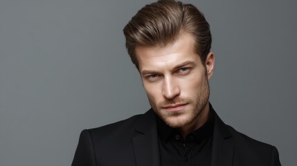 Obraz premium Confident young man in tailored black suit poses against gray background, showcasing modern fashion and charisma