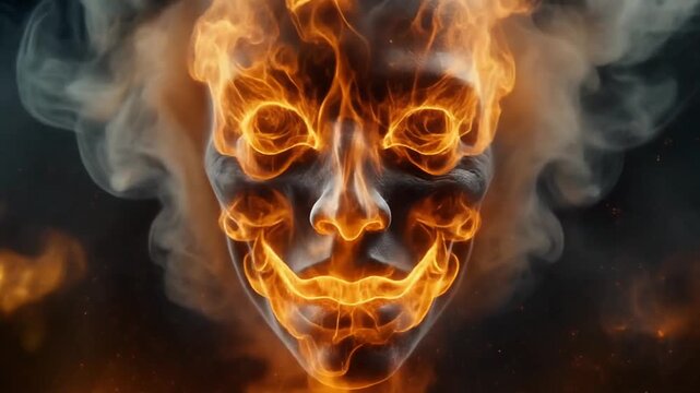 Dramatic close-up of a human-like face ablaze with vibrant orange flames and dense smoke against a dark backdrop, creating an intense, mystical, and powerful visual effect