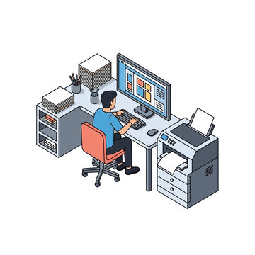 Man working on computer at office desk with printer and files.