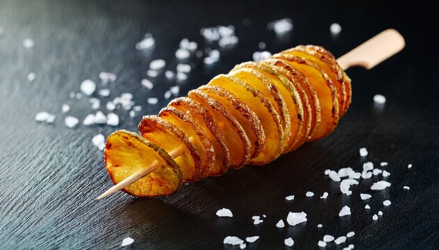 fried spiral cut potatoes with salt on a wooden stick