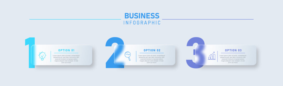 Modern Glassmorphism Business Infographic 3 Step Timeline with Blue Gradient Numbers and Frosted Glass Cards