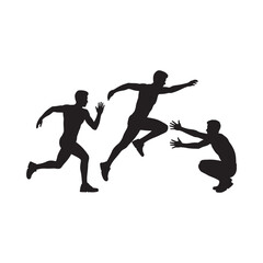 Silhouettes of three men in dynamic running and reaching poses