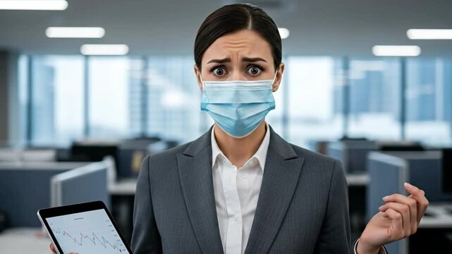 A businesswoman in a mask expresses confusion in a modern office.