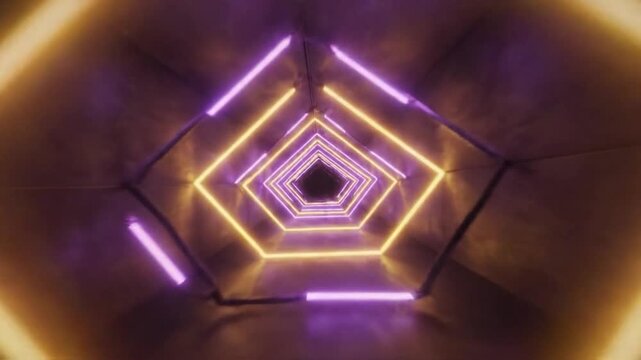 Abstract glowing pentagonal tunnel with purple and yellow neon lights