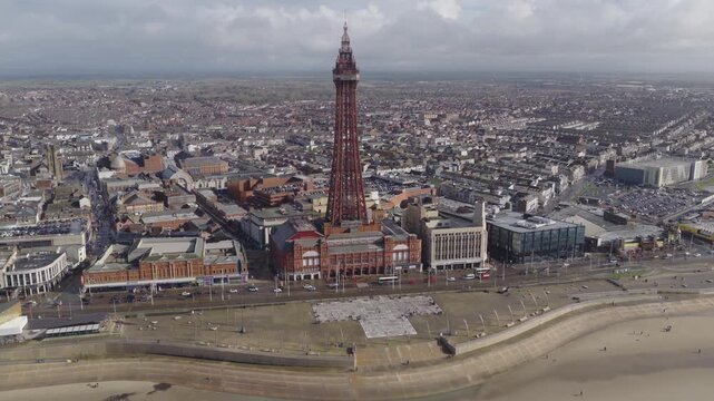 Establishing aerial view of Blackpool, seaside town in Lancashire, England, United Kingdom.