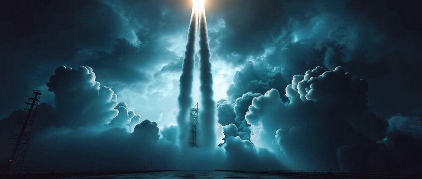 Dramatic rocket launch with smoke and fire against a dark cloudy sky