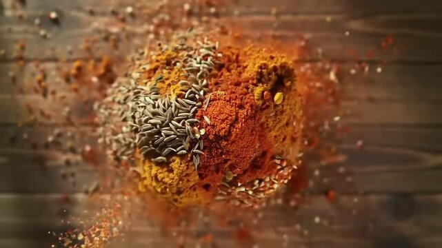 Spices explosion on wooden surface.