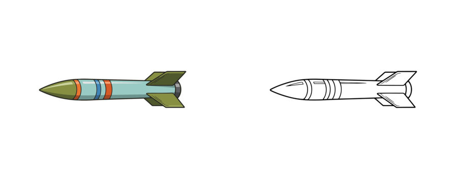Guided military missile in colored cartoon style and black line art version representing modern weapon with fins for defense and attack isolated on white background