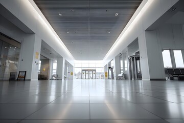 Fototapeta premium Minimalist Terminal Foyer Floating Ceiling Seamless Lines Modern Architecture Interior Lighting Calm Neutral Palette Design