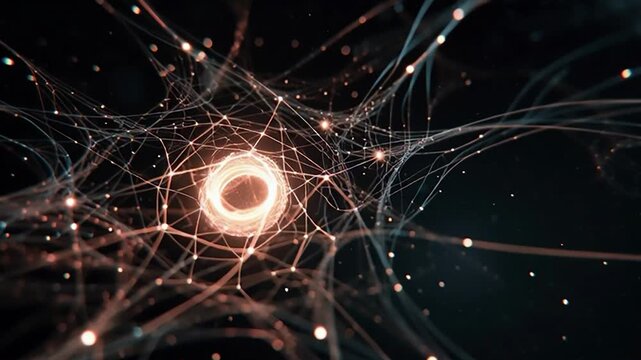 Abstract glowing network of interconnected particles in a dark, cosmic background, symbolizing neural connections or data streams