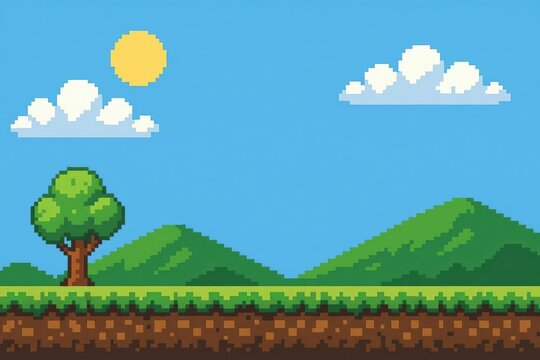 Bright pixel art landscape showing a single green tree hills and soil layers under blue sky