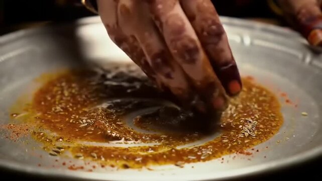 Spices sprinkled onto seasoned food in plate.