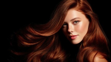 Naklejka premium Captivating Young Woman with Flowing Red Hair Against a Dark Background in a Dramatic Portrait