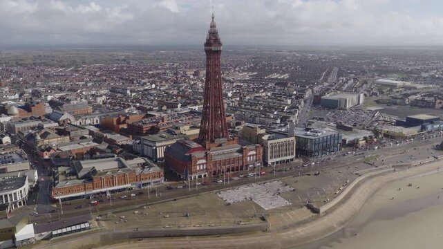 Establishing aerial view of Blackpool, seaside town in Lancashire, England, United Kingdom.