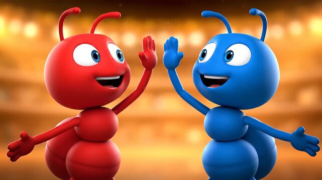 Red and blue ants high-five in a 3D render, cartoon style, celebrating a win with teamwork, friendship and excitement in a stadium backdrop.