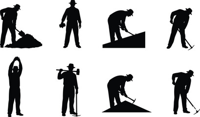 Construction worker silhouettes, shovel digging, drill usage, pickaxe swinging, sledgehammer holding, ladder climbing, manual labor, mining teamwork artwork design © MstNilufar