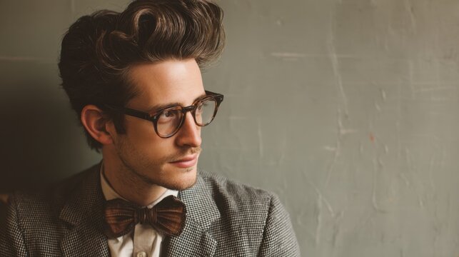 Stylish young man with glasses and bow tie, posing against a textured wall, embodying modern vintage charisma and elegance
