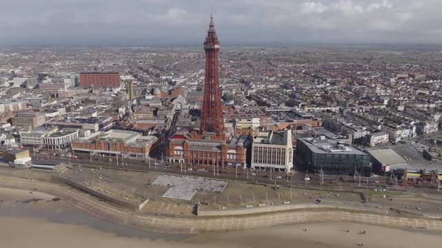 Establishing aerial view of Blackpool, seaside town in Lancashire, England, United Kingdom.