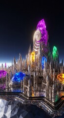Obraz premium Opulent cosmic city shimmering with precious metals, reflecting starlight across an endless void. A symbol of interstellar wealth and advanced civilization, shiny, elaborate, science fiction