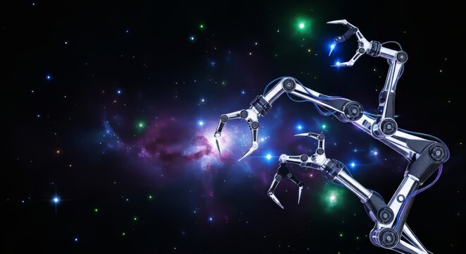 Precision robotic manipulators move in perfect synchronization within a dark, star-filled cosmic void, representing advanced science, intricate, industry, mechanical