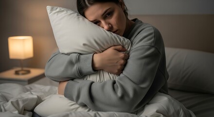 Obraz premium A portrait of a young woman looks tired and frustrated in her bed and hugs pillow