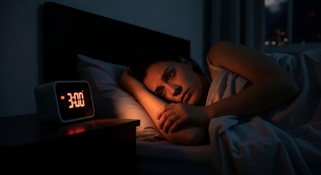 A woman struggles to sleep, staring at the alarm clock at 3:00 am in a dimly lit room