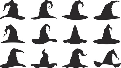 Halloween witch hat silhouette set, spooky magic wizard costume collection, fantasy horror accessory vector illustration, holiday decoration design elements © Masum's World