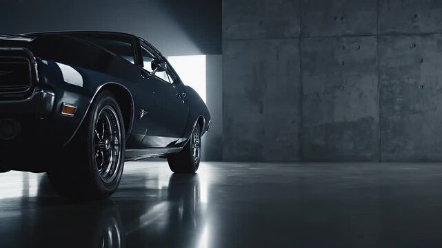 Classic Black Muscle Car Parked in a Modern Concrete Garage with Dramatic Lighting