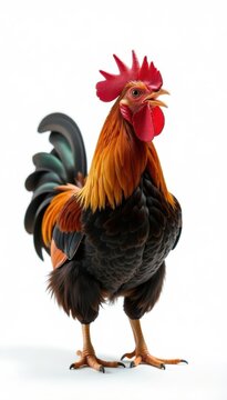 Tiny bantam rooster crowing, isolated on pure white backdrop, element, wildlife