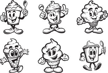 Vintage Cartoon Ice Cream Mascot Characters Black and White Set
