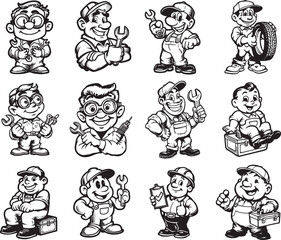 Vintage Cartoon Mechanic Mascot Characters Black and White Set