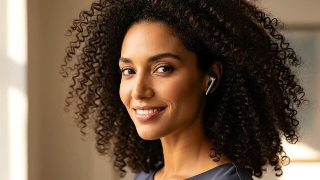 A joyful woman with curly hair smiles while wearing wireless headphones.
