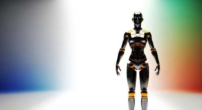 A futuristic android figure, adorned with polished gold accents, stands poised representing global stability. Illuminated by expansive, brilliant light, radiant, digital, futuristic