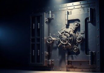Fototapeta premium A massive metal security vault door, dimly lit by a single, focused overhead spotlight, casting dramatic shadows and highlighting its impenetrable features, strong, focused, wealth