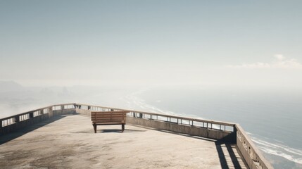Obraz premium Serene Coastal View from an Elevated Perspective with a Wooden Bench Overlooking the Calm Ocean Horizon