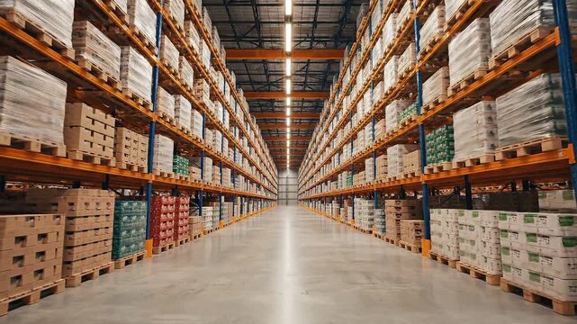 Cinematic Warehouse Dolly Shot with Fresh Produce on Table, Logistics and Distribution Concept