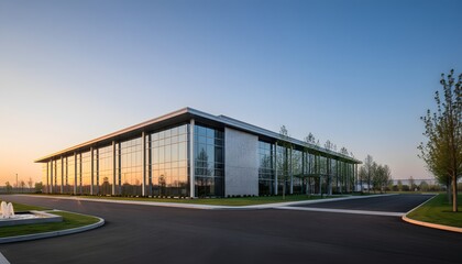 Obraz premium Modern glass factory building exterior at sunrise, symbolizing diligent work and progress for an International Workers' Day concept