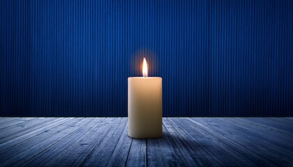 burning church candle in front of a wooden background isolated over elegant minimalistic navy blue empty interior all saints day concept