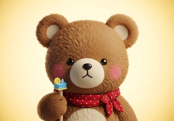 Obraz premium Adorable fuzzy brown stuffed animal character peeks from the side against a soft yellow background