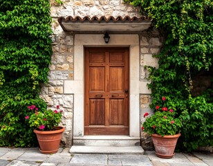 Fototapeta premium Wooden door framed by ivy and stonework, with flowerpots adding color