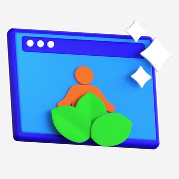 A 3D render of a blue web browser window containing an orange person in a yoga pose and green leaves symbolizing digital wellness
