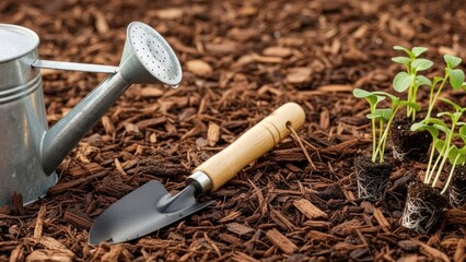 Gardening Tools and Seedlings in Mulch.