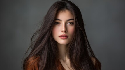 Fototapeta premium Captivating Portrait of Young Woman with Long Hair Against Soft Neutral Background in Studio Lighting