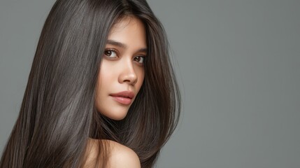 Fototapeta premium Beautiful young woman with long shiny hair and a serene expression against a neutral gray background