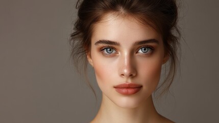 Fototapeta premium Captivating Portrait of a Young Woman with Natural Makeup and Striking Blue Eyes Over Neutral Background