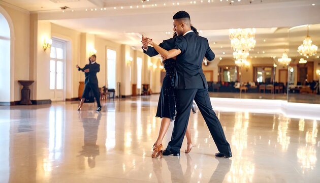 A well-lit ballroom shows three couples dancing. The central pair takes center stage, focused, elegant. Gleaming floor reflects the setting's grandeur