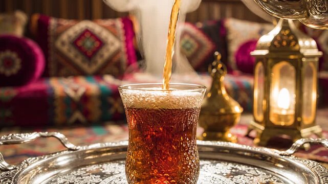 Traditional Moroccan Mint Tea Pouring into Glass on Silver Tray in Cozy Lounge