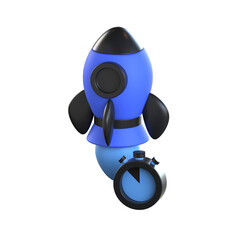 Fototapeta premium A 3D blue rocket paired with a stopwatch timer symbolizing the early stage of a business venture and time management